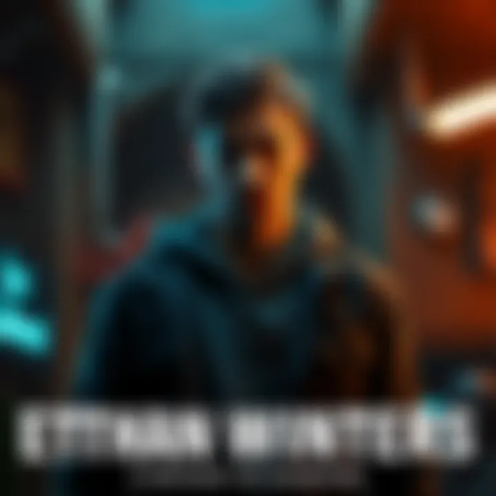 Ethan Winters standing in a dark, atmospheric game environment with a tense expression.