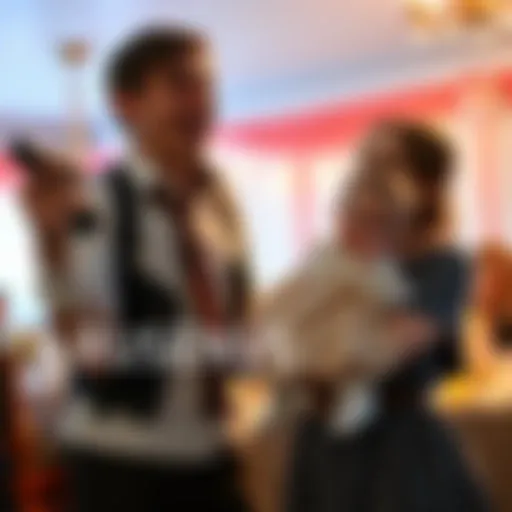 A person wearing Ethan's outfit from Resident Evil poses playfully at a family christening, blending gaming and real-life festivities.