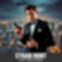 Ethan Hunt in a sleek tuxedo, holding a gun, set against a dramatic city skyline at night