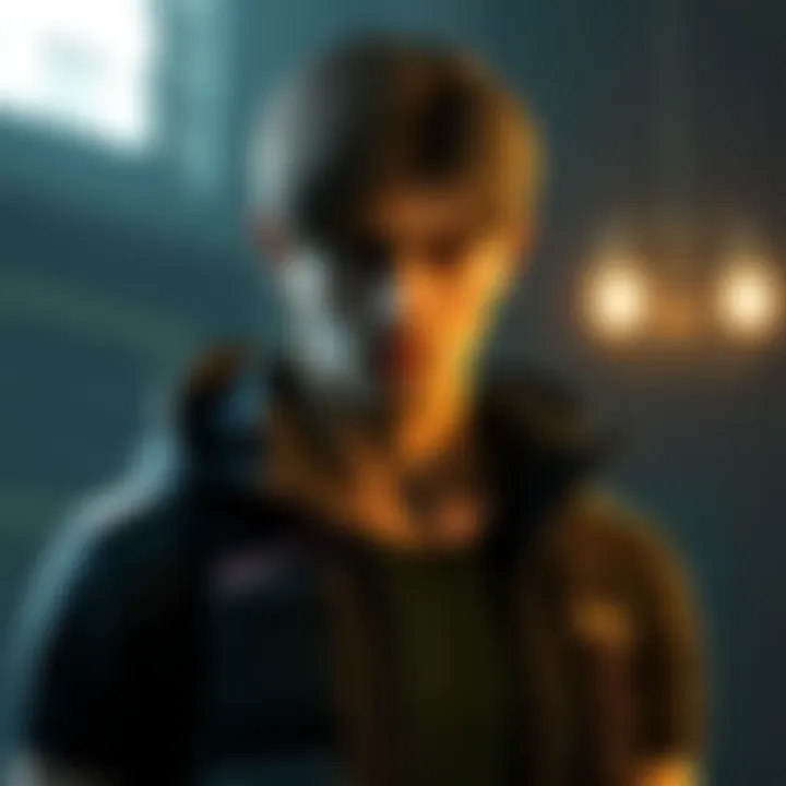 Ethan stands determined with a grim expression, showcasing his resilience and love for family in a dark, atmospheric setting.