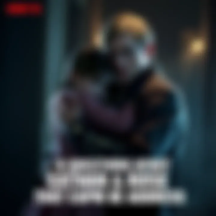Ethan Winters holds his daughter Rose while looking serious in a dark environment, hinting at a threatening atmosphere.