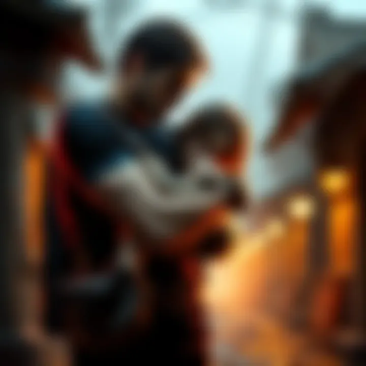 Ethan holding Rose in a dramatic moment in Resident Evil Village, showcasing their strong bond as father and daughter.