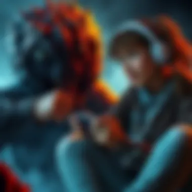 Ethan struggling against a creature while Grace plays with her Nintendo Switch, showing the contrast between danger and leisure.