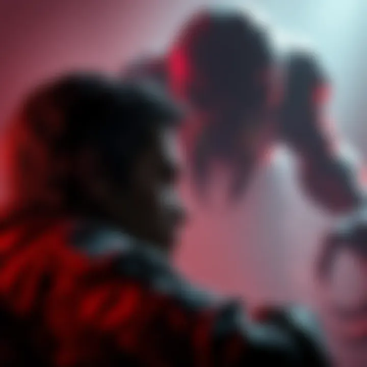 Ethan Winters, a character with a determined look, faces a menacing creature in a dark, eerie setting.