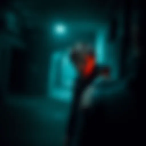 Ethan Winters in a dark environment Ethan Winters navigating a creepy area in Outlast, looking tense and alert.