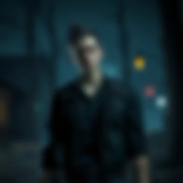 Ethan Winters stands in a dark, eerie environment, looking determined yet conflicted, showcasing the tension in Resident Evil Village