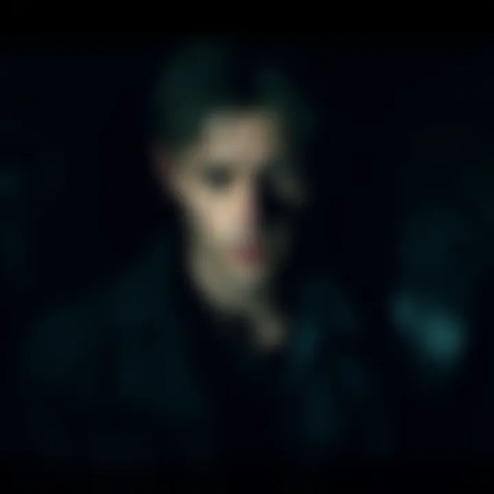 Ethan Winters in a darkened room Ethan Winters looking somber with a backdrop of shadows, reflecting on loss