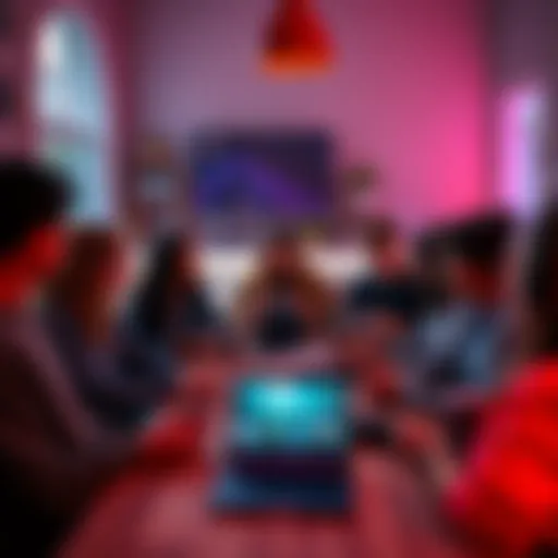 A group of diverse gamers in a cozy setting discussing video game ethics, with game controllers and laptops on the table.