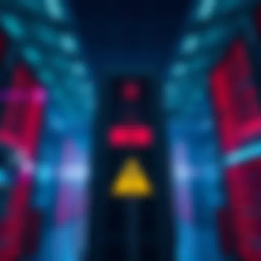 Graphic showing a server tower with a warning sign, indicating downtime in EU servers while US servers remain stable.