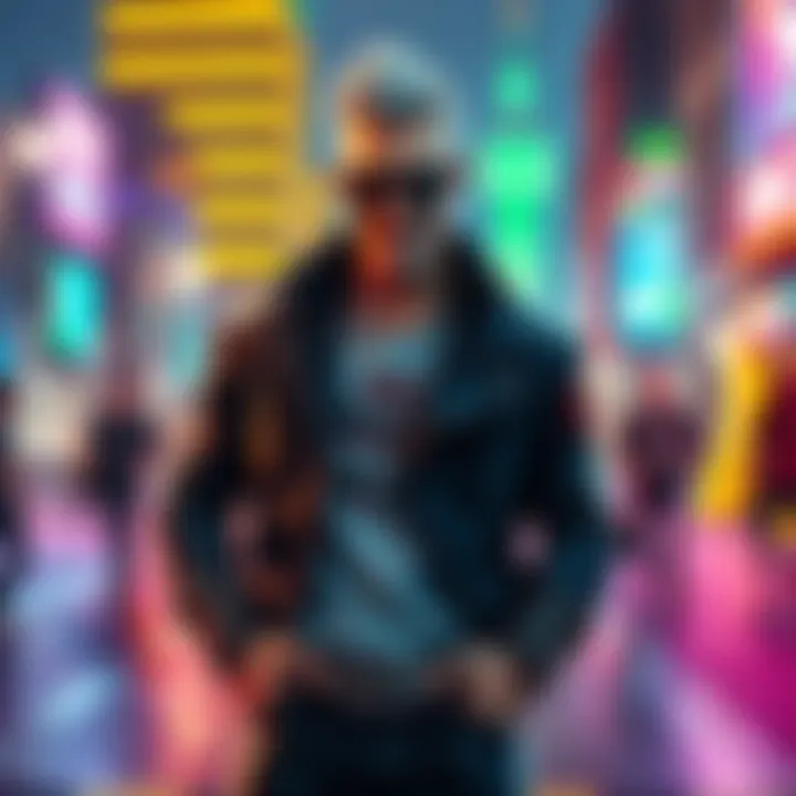 Eugene Green stands confidently in his signature outfit with a mischievous grin, set against the vibrant backdrop of Steelport.