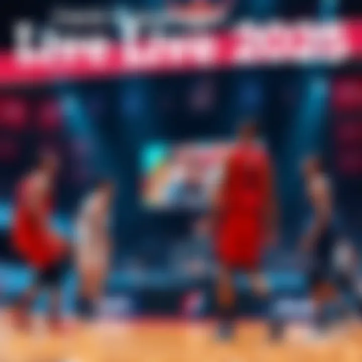 Basketball players on the court during EuroBasket 2025 tournament with a TV in the background displaying a live stream.