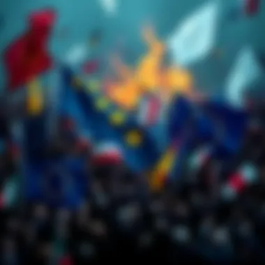 European Political Turmoil A visual representation of a chaotic European political scene, featuring flags of EU countries and a backdrop of rising tensions, symbolizing the challenges faced post-NATO.