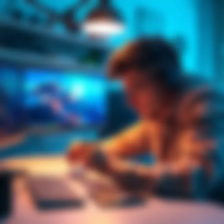 A person setting up the Evade Extender Deco 4 on their desk, showing the device and the user's focused expression.