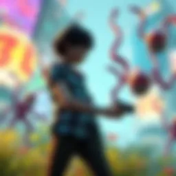 A gamer skillfully avoiding chiral creatures in a vibrant game environment