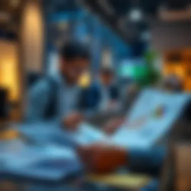 Evaluating Assets A person analyzing various financial documents and charts to determine asset values in a modern office setting.