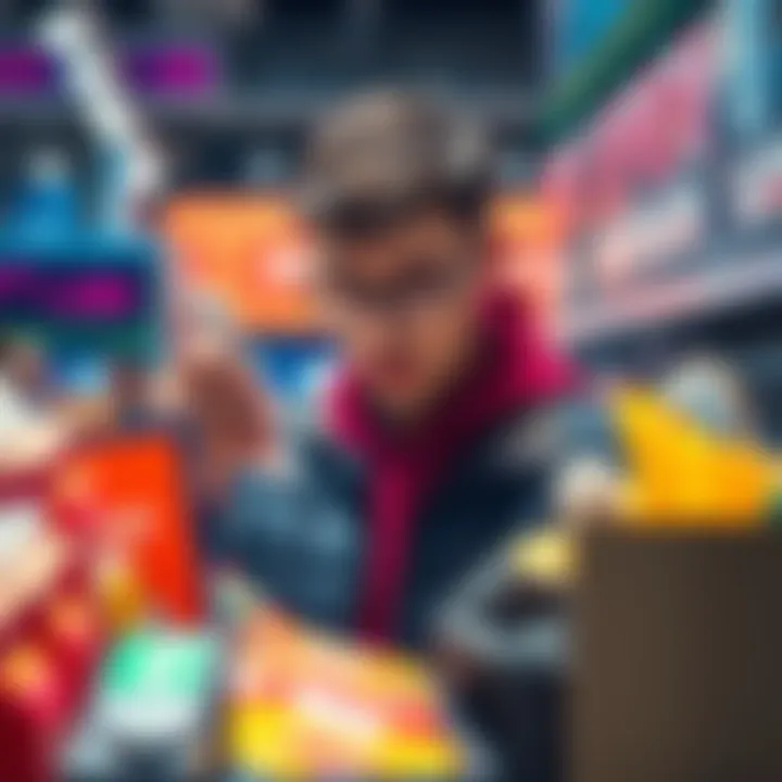 A person examining various products and price tags while considering a purchase deal