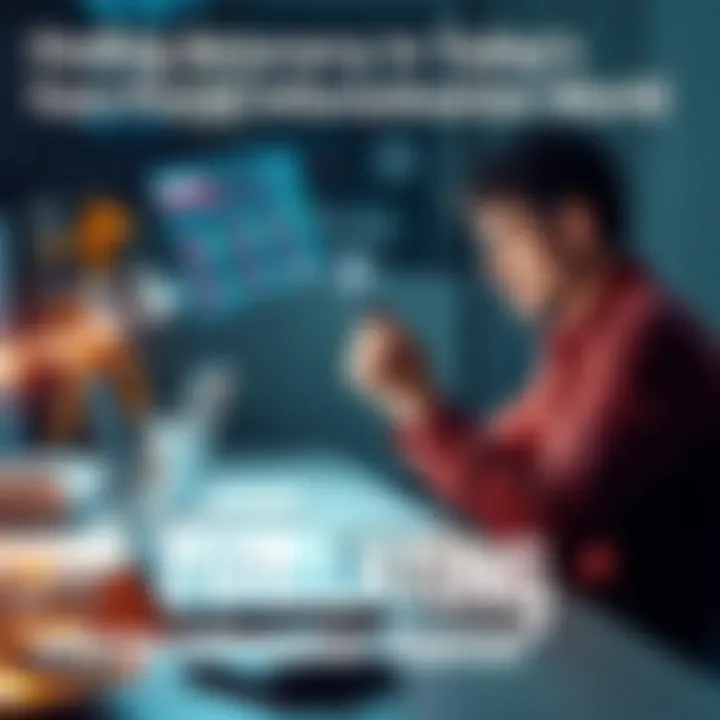 A person sits at a desk with a laptop, checking various sources for verifying facts while holding a magnifying glass.