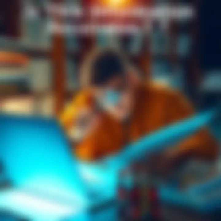 A person reading and analyzing documents with a magnifying glass, surrounded by books and a laptop