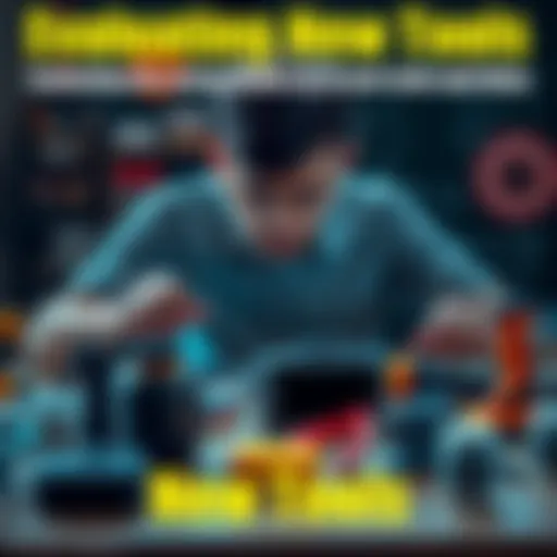 A person assessing various new gadgets and tools on a table, considering their practical use in daily life.