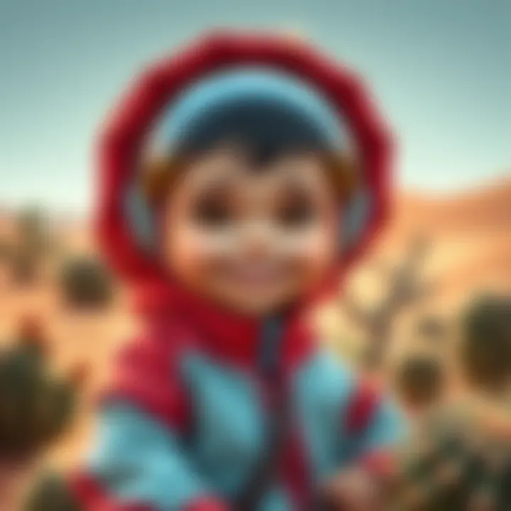 Eve wearing a colorful cooling suit, smiling in the Great Desert with cacti around her