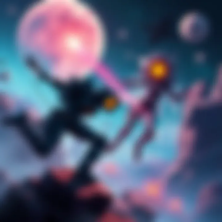 EVE battles Naytiba amidst a futuristic landscape with vibrant visuals