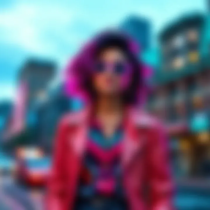 Evelyn Parker showcases her vibrant outfit in PS5's photo mode, standing confidently with a city backdrop.