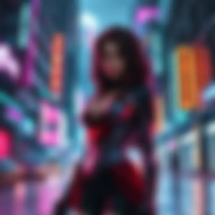 Evelyn standing confidently in a futuristic city, with neon lights and a tense atmosphere, reflecting her tough character and betrayal.