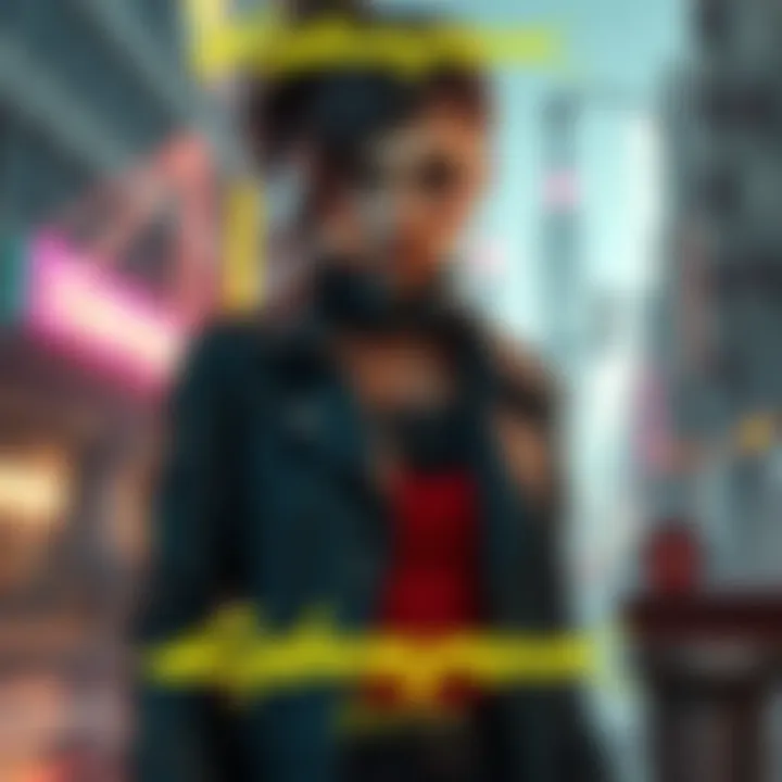 Evelyn Parker character from Cyberpunk 2077, showcasing her stylish outfit and urban background, reflecting her role in the game.