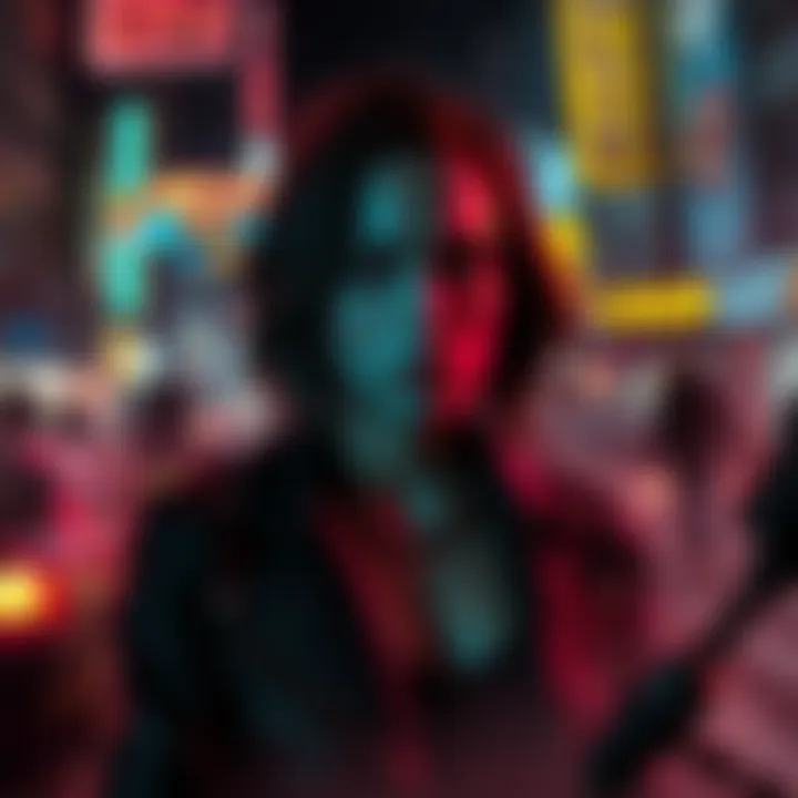 Evelyn Parker looking distressed amidst a chaotic scene in Night City after the deaths of Jackie and V, surrounded by neon lights and shadows.