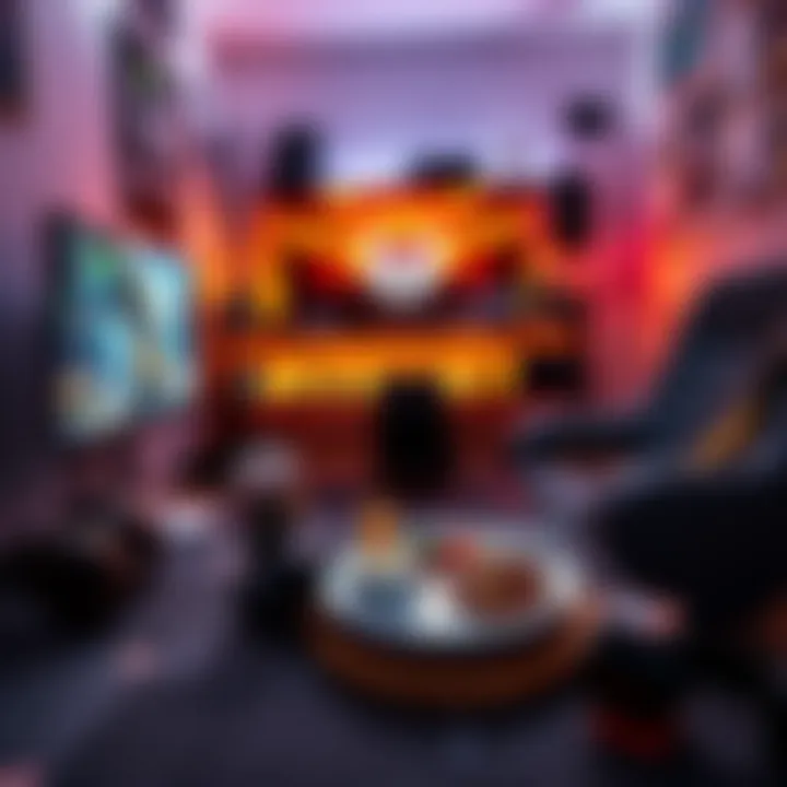 Evening gaming setup with food and workout gear A gaming room ready for Overwatch with a plate of dinner and workout equipment nearby