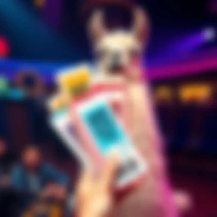 A hand holding several colorful event tickets with a llama in the background, symbolizing past events.