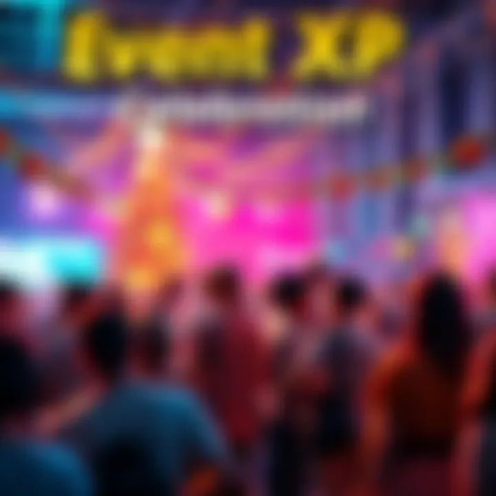 Event XP Celebration A vibrant scene of players gathering at an event, excitedly exchanging tips on maximizing event XP, with festive decorations in the background.