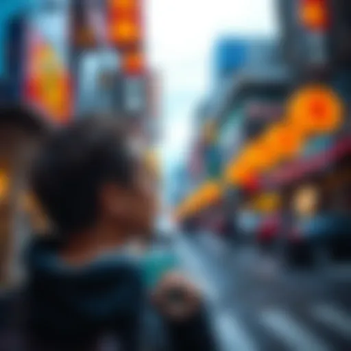 A person looking thoughtfully at a busy street, noticing small details in their surroundings, like a flower or an interesting sign.