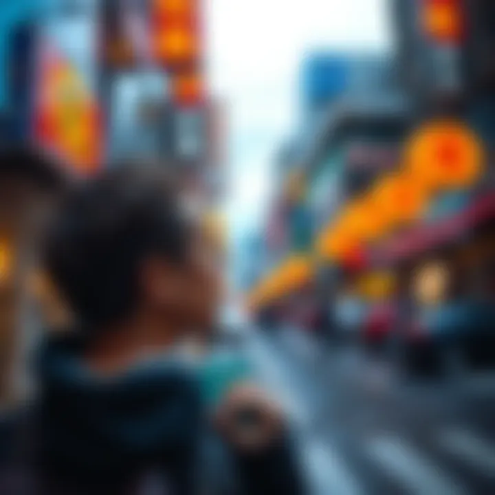 Everyday Life Perspective A person looking thoughtfully at a busy street, noticing small details in their surroundings, like a flower or an interesting sign.