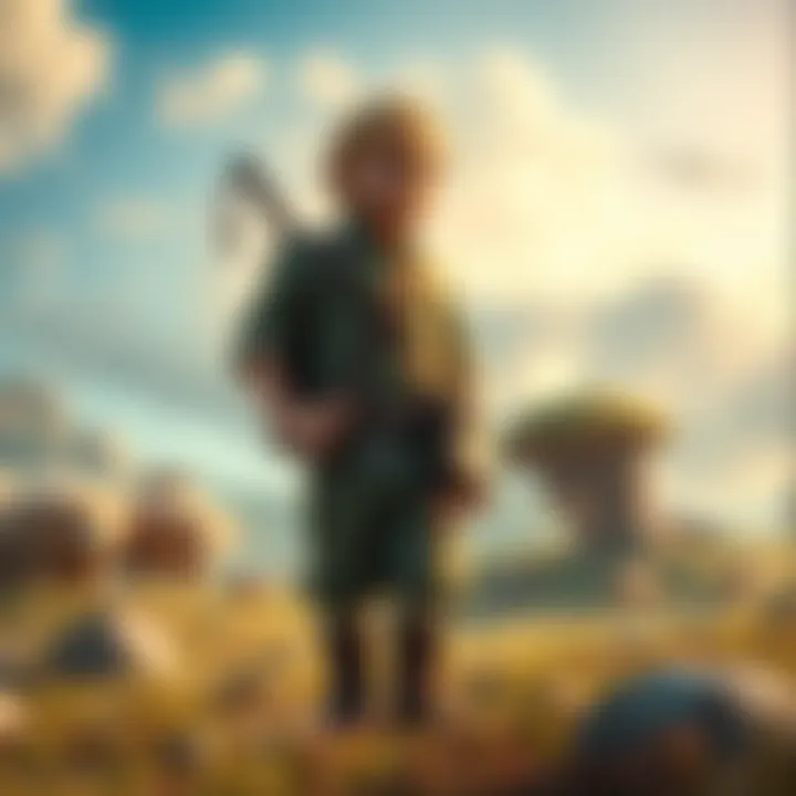 Everyday RPG Character A scrappy character with simple clothes and a determined expression, standing in a fantasy landscape, representing relatable heroism in gaming.