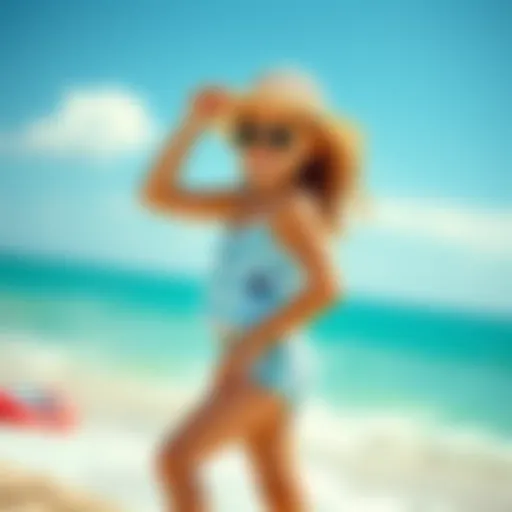 A young girl wearing a stylish beach outfit, enjoying a sunny day at the beach.