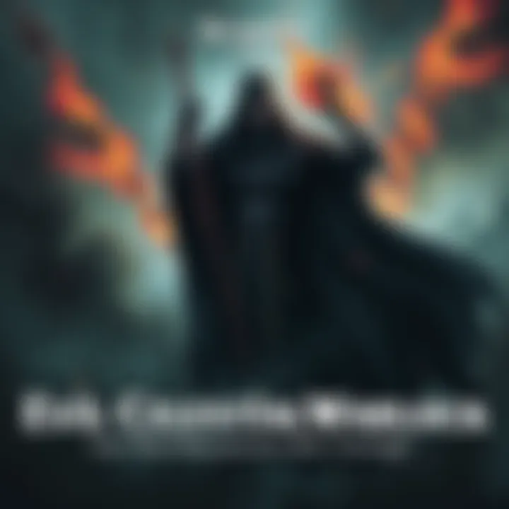 A dark figure with celestial symbols, holding a staff, surrounded by shadowy energy, representing the transition from good to evil.