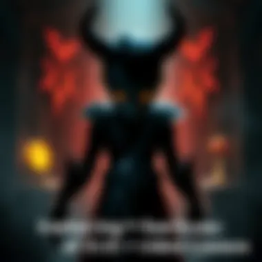 A dark character with glowing eyes stands in a shadowy environment, surrounded by mysterious symbols and rewards, representing the allure of evil in video games.