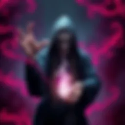 A dark sorcerer known as a lich conjuring a sinister spell, surrounded by swirling dark magic and eerie symbols.