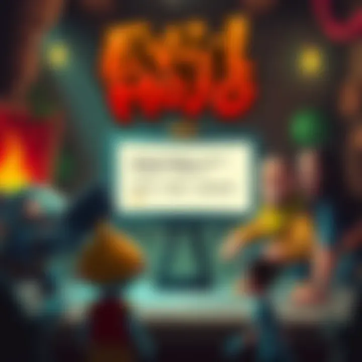 A screenshot of Evil Mojo with a message about paused development, featuring humorous characters in a playful setting.