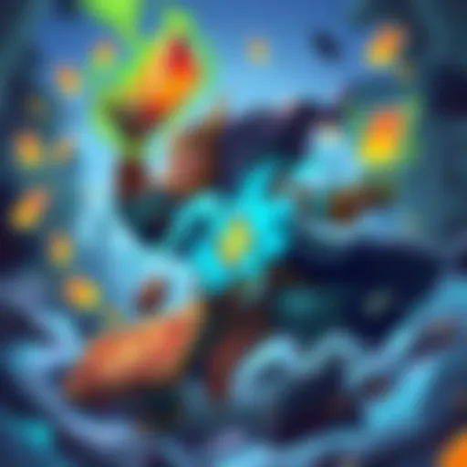 A vibrant illustration showing the Evolve Shaman deck with colorful cards and dynamic gameplay action, featuring magical effects and combos.