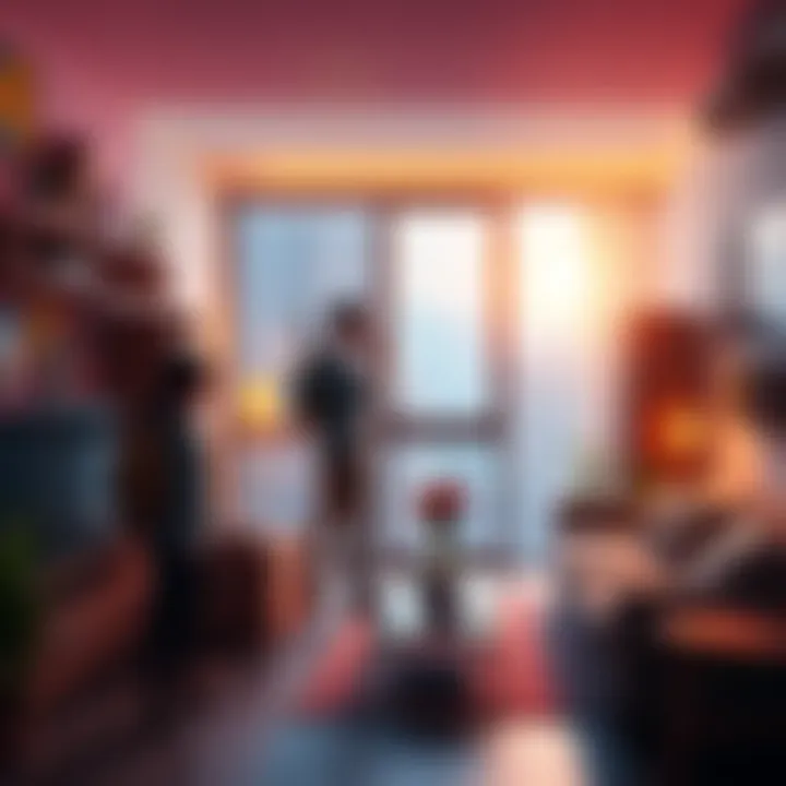 Characters interacting in a changing apartment space during gameplay