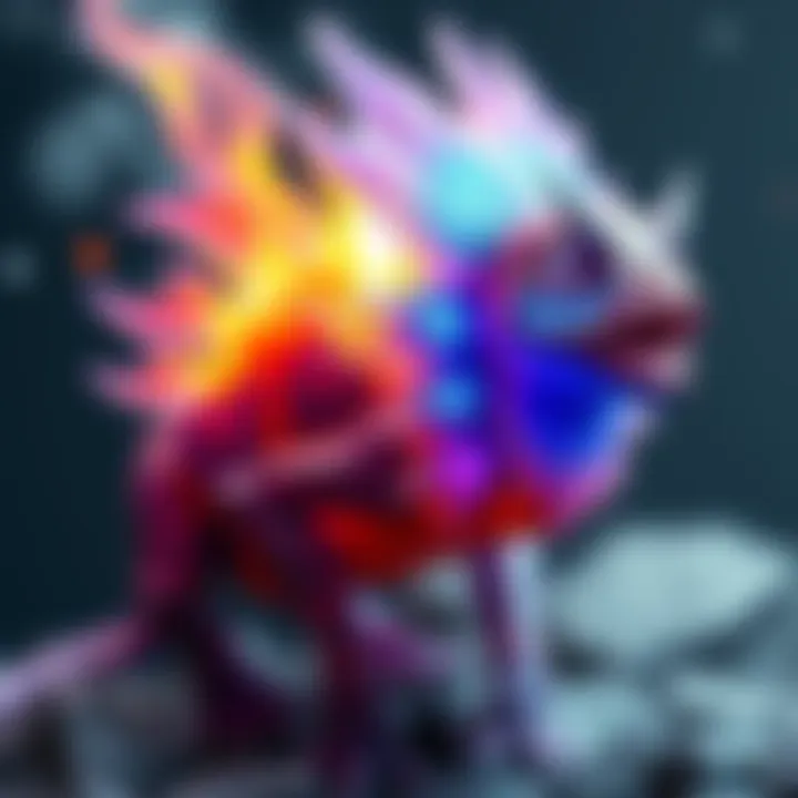 Evolving Creature A colorful creature transforming into a more powerful form with bright energy surrounding it.