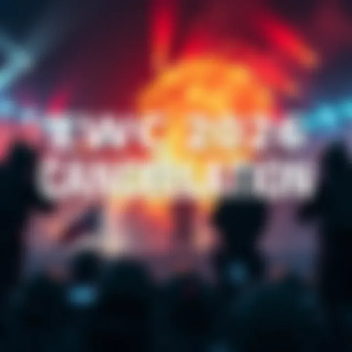 A headline showing potential cancellation of EWC 2026 due to conflict with military imagery in background