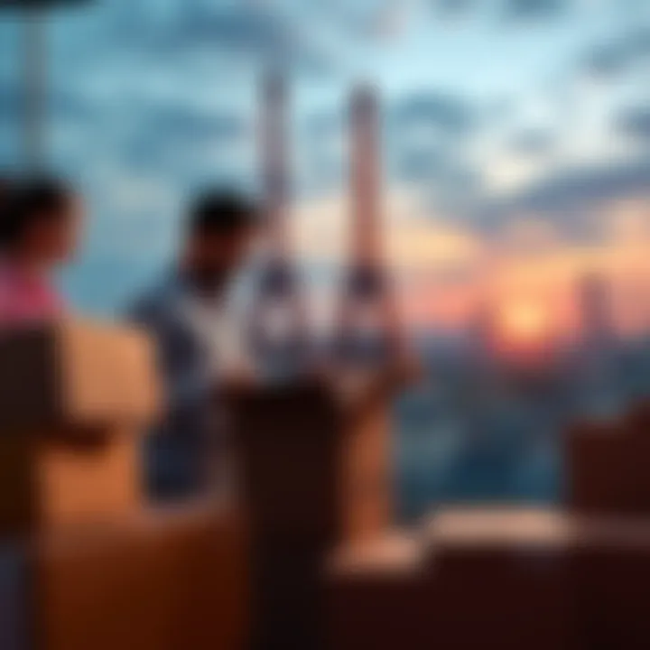 EWC employees packing boxes in front of a Paris skyline with the Eiffel Tower