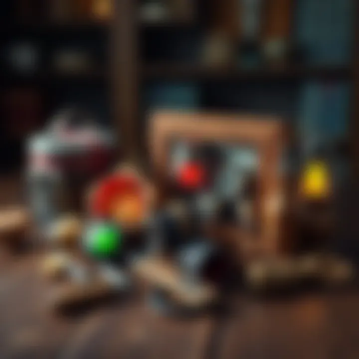 Exacter Dunmire quest items A collection of essential items needed for the Exacter Dunmire quest, including beacons and tools, displayed on a wooden table in a fantasy setting.