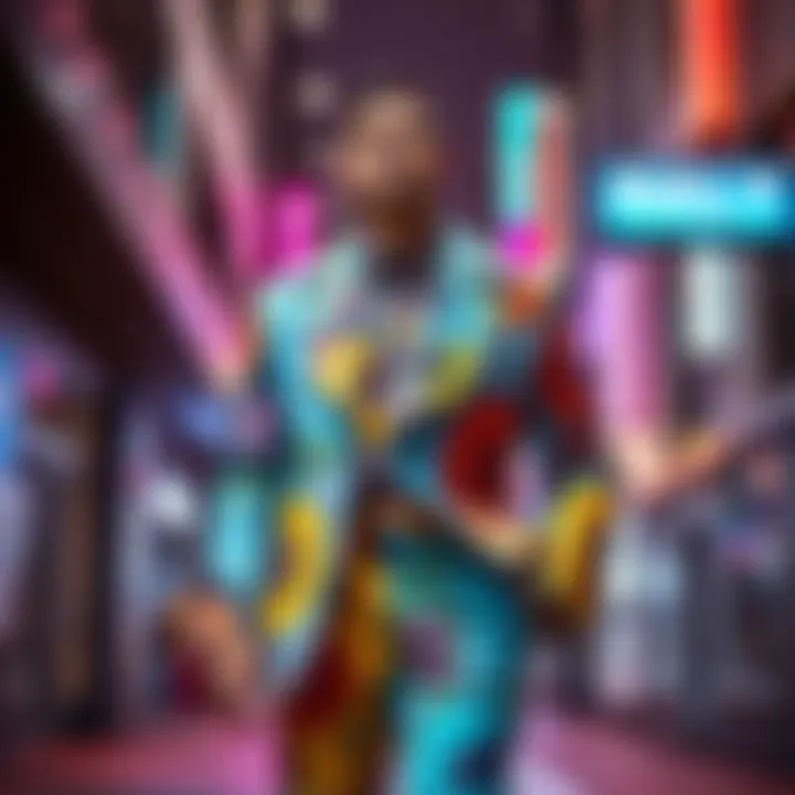 Man in exaggerated swagger suit A man wearing a bold and colorful exaggerated swagger suit, showcasing unique designs and patterns, standing confidently in a trendy urban setting.