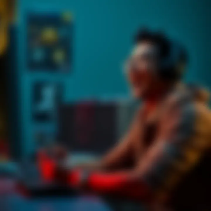 Gamer sitting in front of a computer, excitedly preparing to play Serious Sam, with a game controller in hand and a focused look