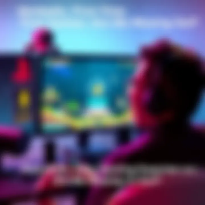 Excited gamer starting a new game A person sitting in front of a computer with a game loading screen, showing excitement for their first-time experience
