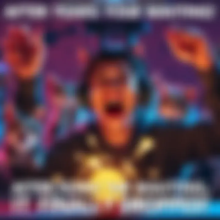 A gamer celebrating as a rare item drops in the game, with startled cats in the background